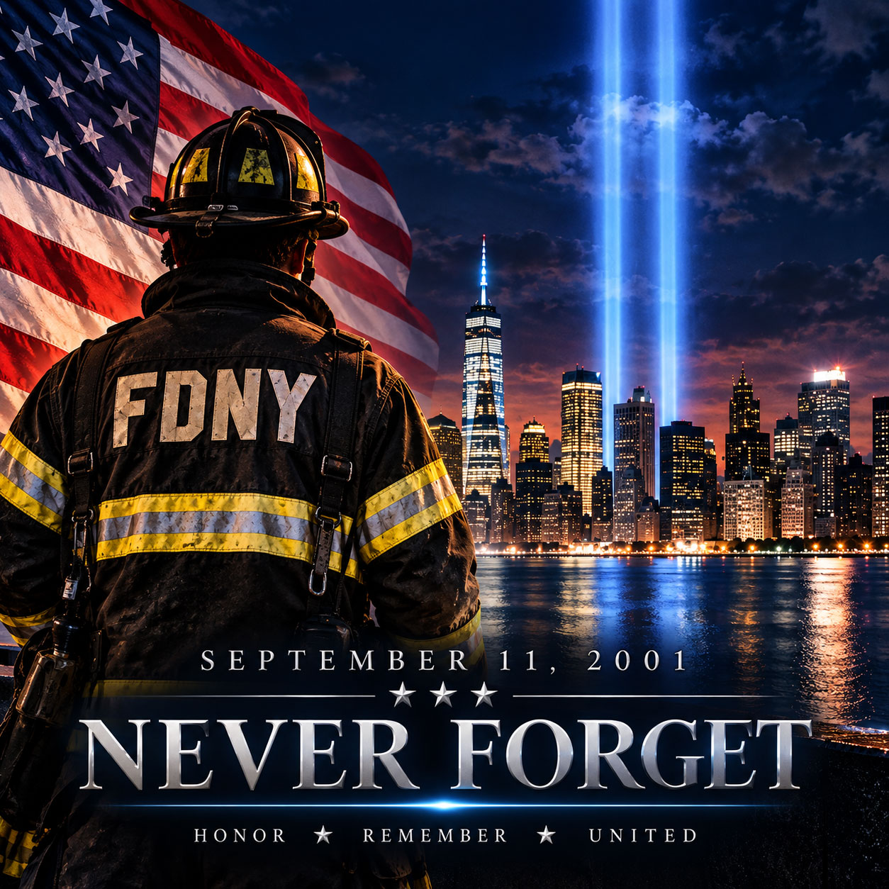 September 11, 2001 Never Forget memorial with first responder and Tribute in Light